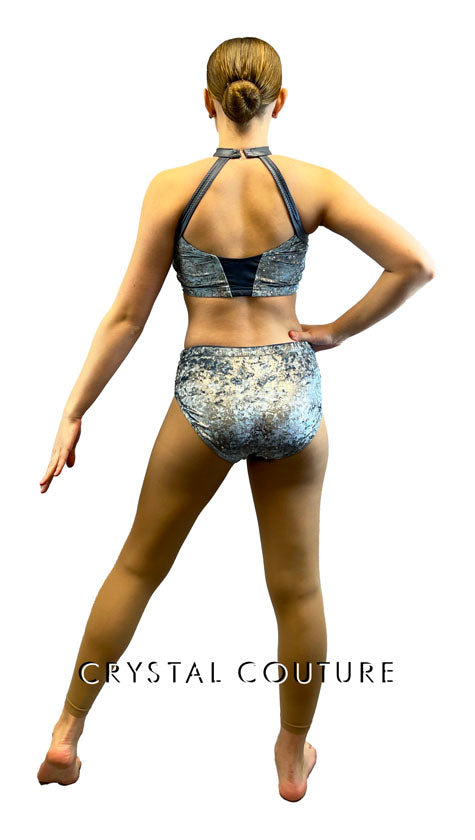 Dusty Blue Velour Connected Two Piece - Rhinestones