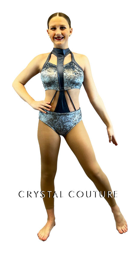 Dusty Blue Velour Connected Two Piece - Rhinestones