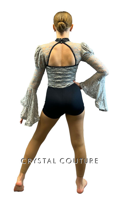 Custom Grey Lace Biketard with Puffed Shoulders and Flare Sleeves - Rhinestones