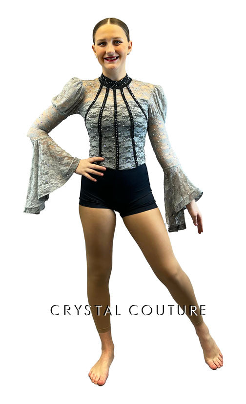 Custom Grey Lace Biketard with Puffed Shoulders and Flare Sleeves - Rhinestones