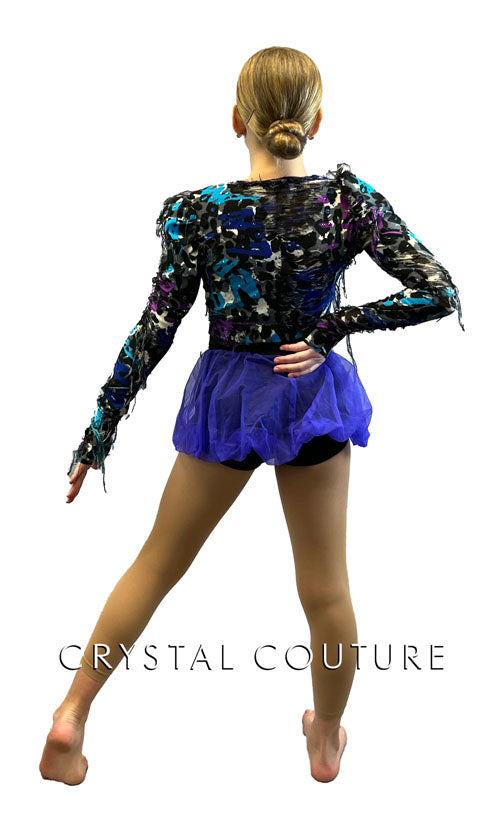 Distressed Animal Print Biketard with Tulle Balloon Skirt - Rhinestones