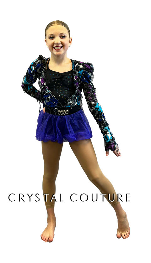Distressed Animal Print Biketard with Tulle Balloon Skirt - Rhinestones
