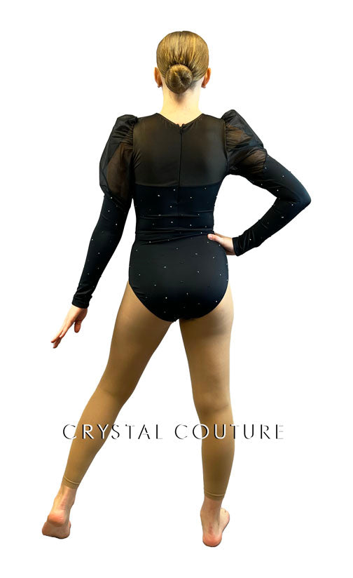 Black Long Sleeve Leotard with Tulle Puffed Shoulders - Rhinestones