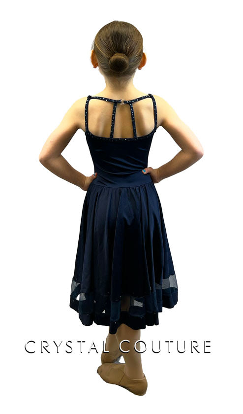 Navy Blue Camisole Dress with Mesh Hem - Rhinestones