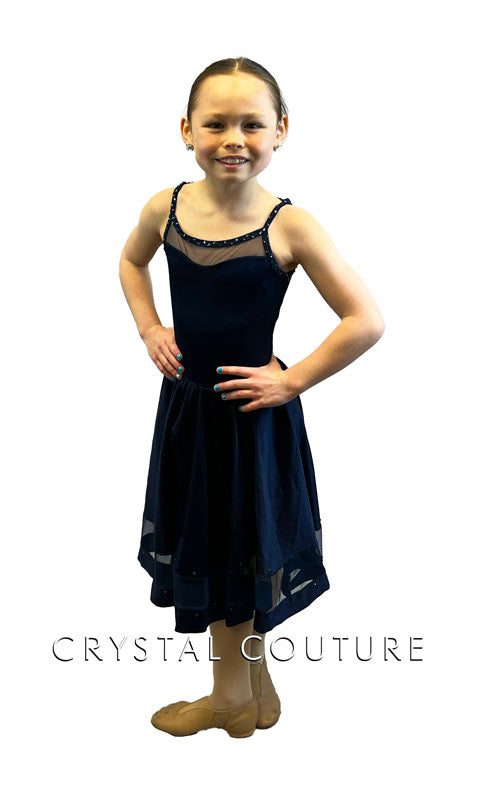 Navy Blue Camisole Dress with Mesh Hem - Rhinestones