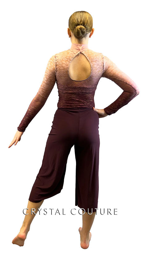 Pink and Burgundy Ombre Lace Jumpsuit with Wide Leg Pants - Rhinestones