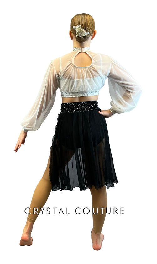 White Flouncy Long Sleeve Top & Black Half Skirt - Rhinestones