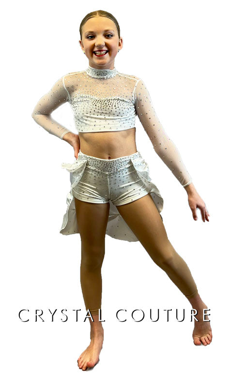 White Two Piece with Long Mesh Sleeves & Gathered Back Skirt - Rhinestones