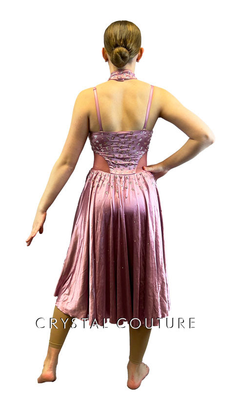 Silky Rose Dress with Mesh Cutouts & Attached Choker - Rhinestones