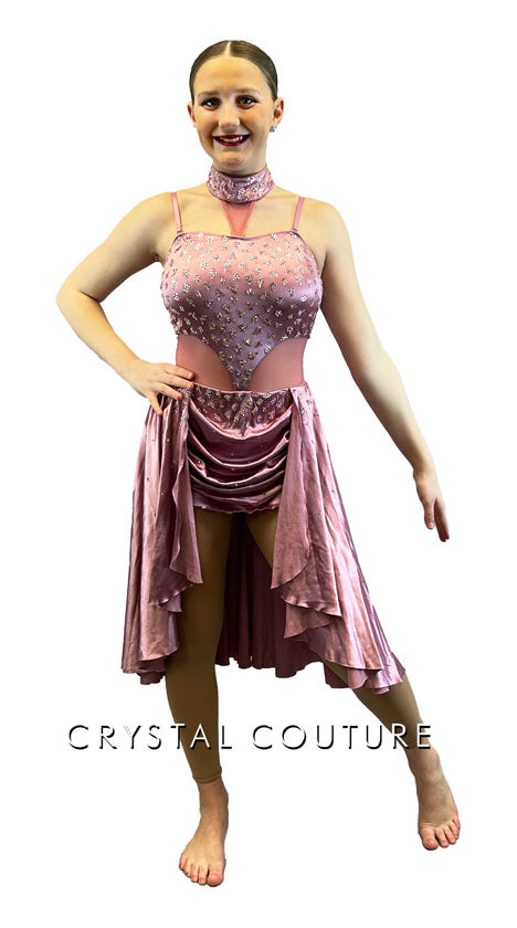 Silky Rose Dress with Mesh Cutouts & Attached Choker - Rhinestones