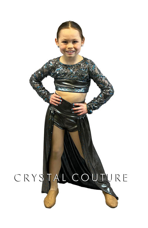 Pewter Sequined Two Piece with Back Skirt - Rhinestones