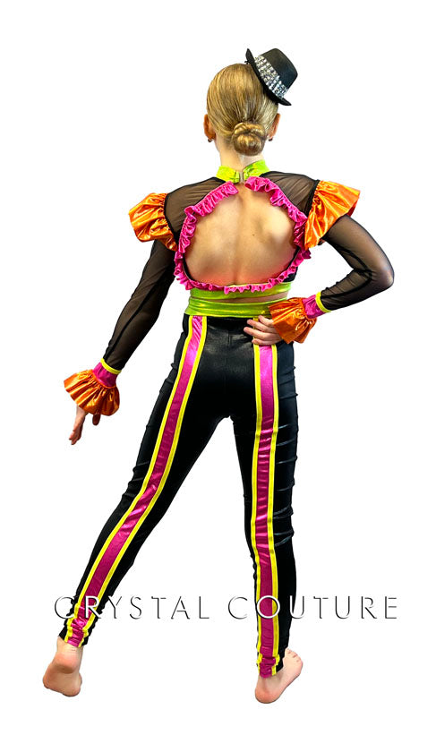 Black Long Sleeve Top and Leggings with Neon Ruffles and Edging