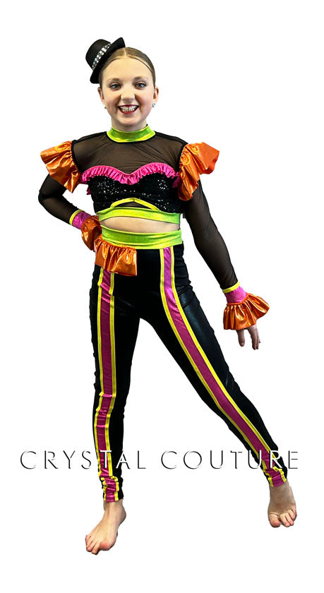 Black Long Sleeve Top and Leggings with Neon Ruffles and Edging