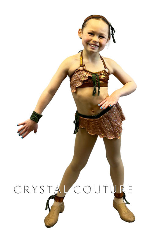 Custom Copper & Olive Green Two Piece with Asymmetrical Zsa Zsa Mini Skirt