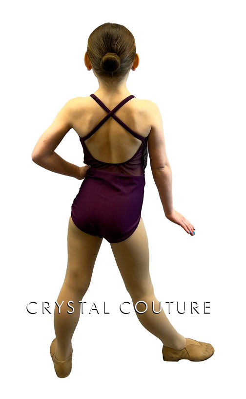 Plum V Neck Leotard with Mesh Top - Rhinestones