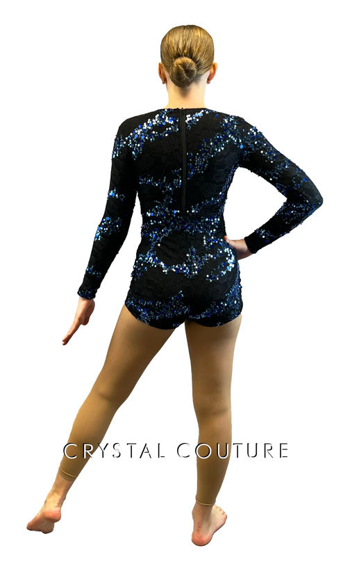 Black Lace Biketard with Blue Sequin Detailing
