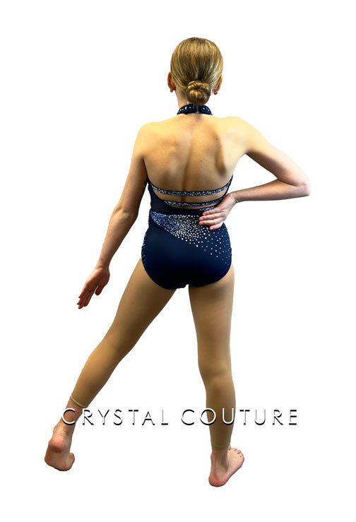 Custom Navy Leotard with Mesh Cutouts and Strappy Back - Rhinestones