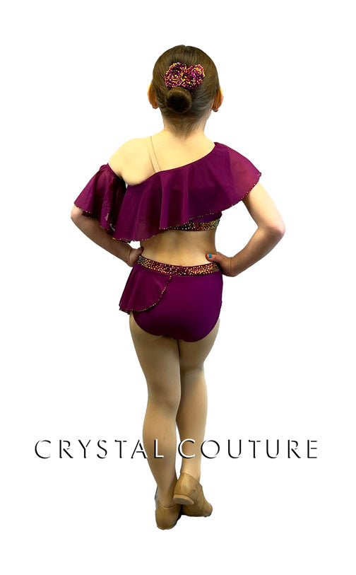 Custom Magenta Asymmetrical Two Piece with Wide Ruffles - Rhinestones