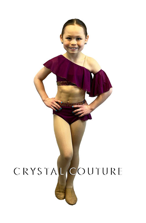 Custom Magenta Asymmetrical Two Piece with Wide Ruffles - Rhinestones