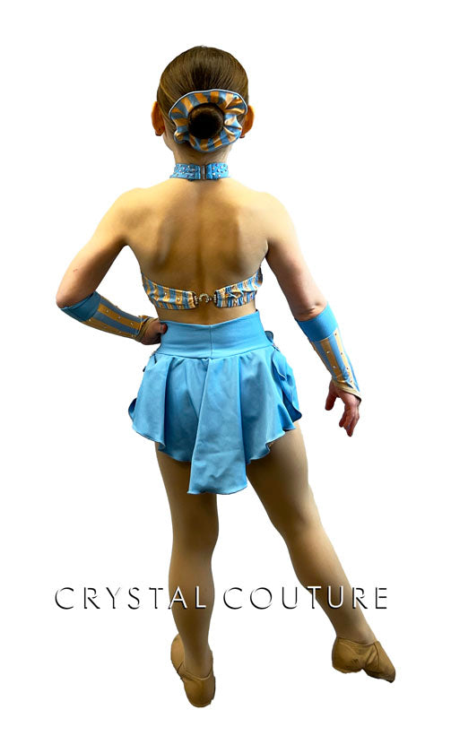 Peach & Blue Striped Two Piece with Ruffle Back Skirt - Rhinestones