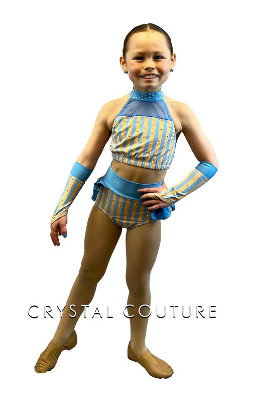 Peach & Blue Striped Two Piece with Ruffle Back Skirt - Rhinestones