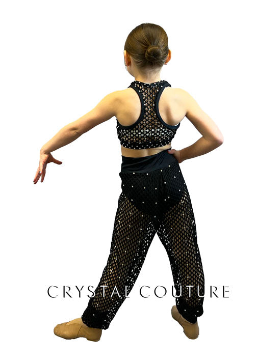 Black Mesh Racer Back Top & Cuffed Joggers - Rhinestones