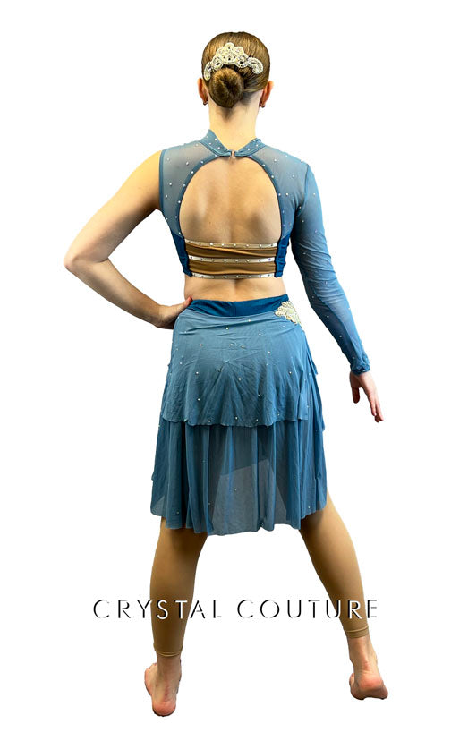 Teal Blue and Mesh Asymmetrical Two Piece with Layered Skirt - Rhinestones
