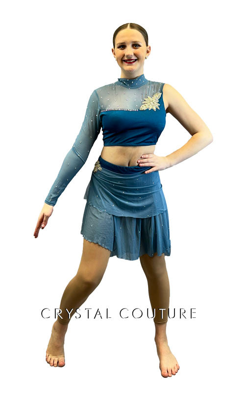 Teal Blue and Mesh Asymmetrical Two Piece with Layered Skirt - Rhinestones