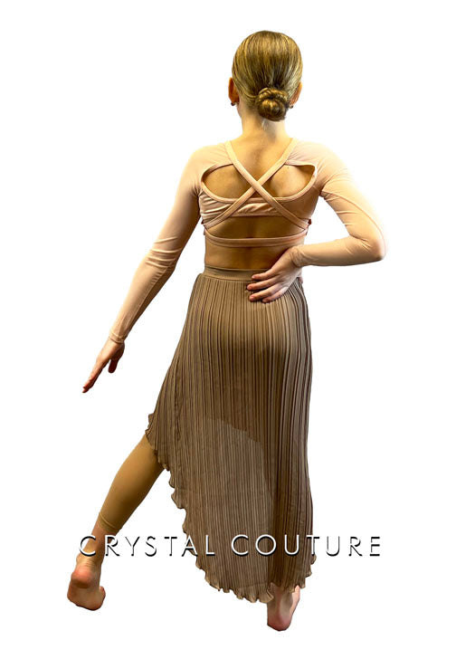 Peach and Brown Two Piece with Long Ribbed Skirt - Rhinestones