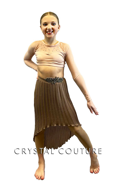 Peach and Brown Two Piece with Long Ribbed Skirt - Rhinestones