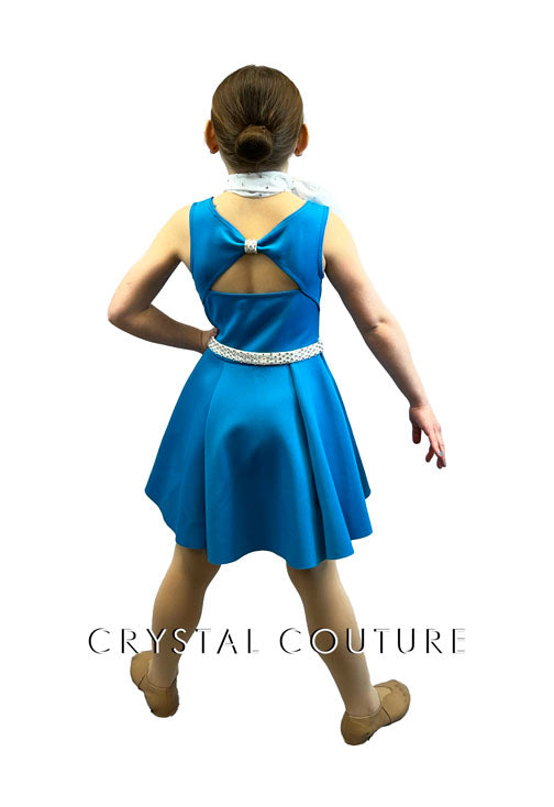 Bright Blue A-Line Dress with White Belt - Rhinestones