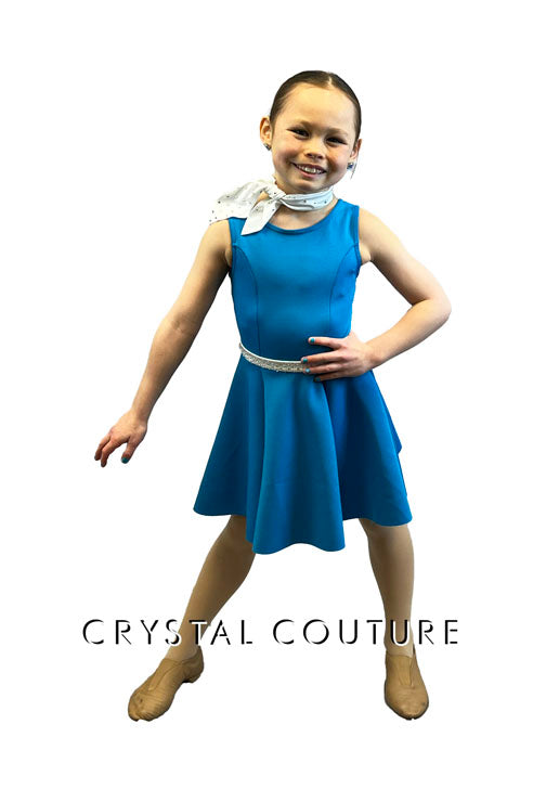Bright Blue A-Line Dress with White Belt - Rhinestones
