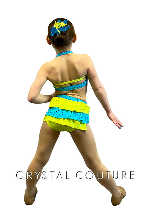 Custom Neon Yellow & Blue Two Piece with Layered Back Skirt - Rhinestones & Appliques