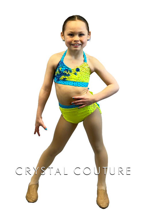 Custom Neon Yellow & Blue Two Piece with Layered Back Skirt - Rhinestones & Appliques