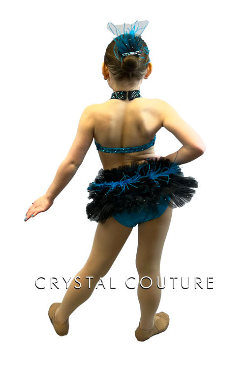 Custom Blue Shimmer Connected Two Piece with Strappy Detail and Back Bustle - Rhinestones