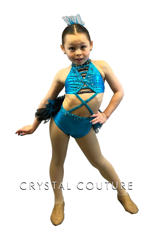 Custom Blue Shimmer Connected Two Piece with Strappy Detail and Back Bustle - Rhinestones