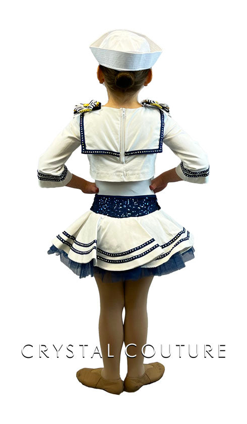White & Navy Sailor Two Piece with Crinoline Skirt - Rhinestones