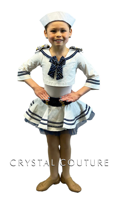 White & Navy Sailor Two Piece with Crinoline Skirt - Rhinestones