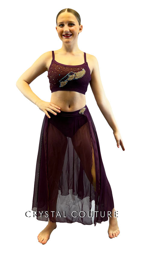 Custom Plum Two Piece with Long Skirt - Rhinestones & Gold Beaded Appliques