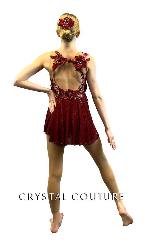 Custom Burgundy and Nude Leotard with Short Skirt and Appliques - Rhinestones
