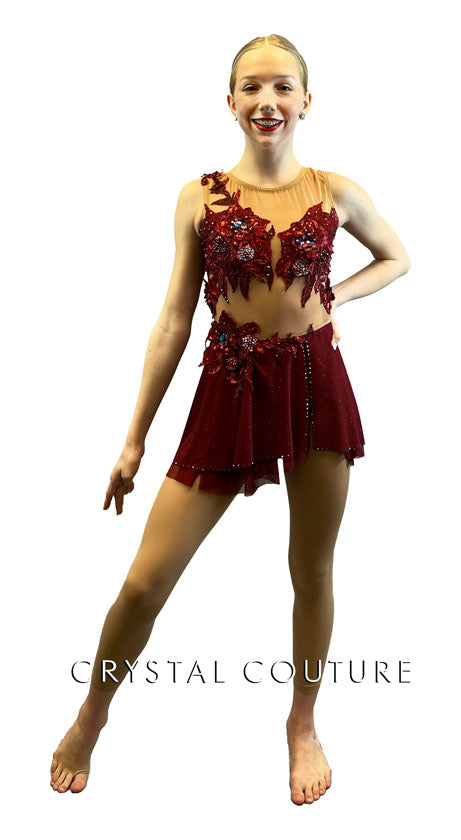 Custom Burgundy and Nude Leotard with Short Skirt and Appliques - Rhinestones