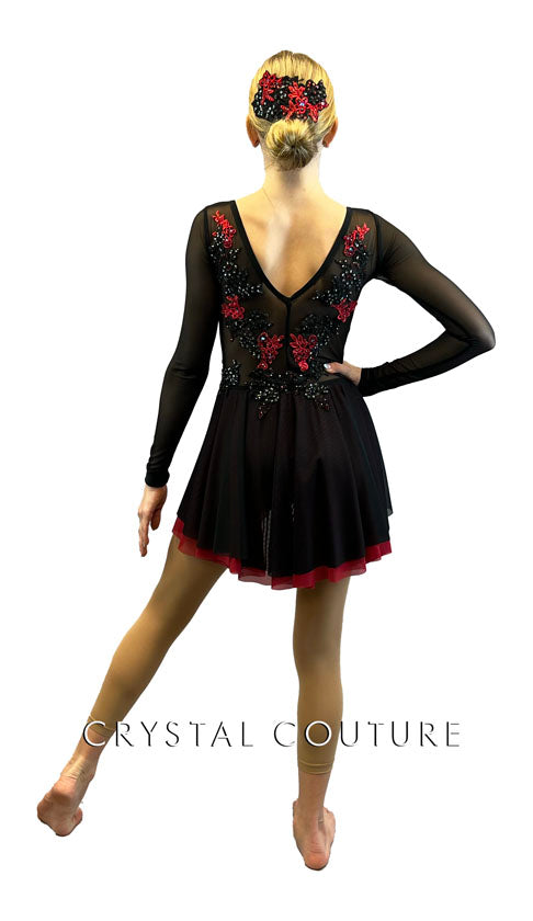 Custom Black and Red Long Sleeve Leotard with Back Skirt and Appliques - Rhinestones