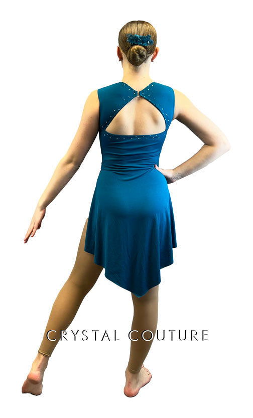 Teal Leotard with Side Slit Skirt and Mesh Insets - Rhinestones