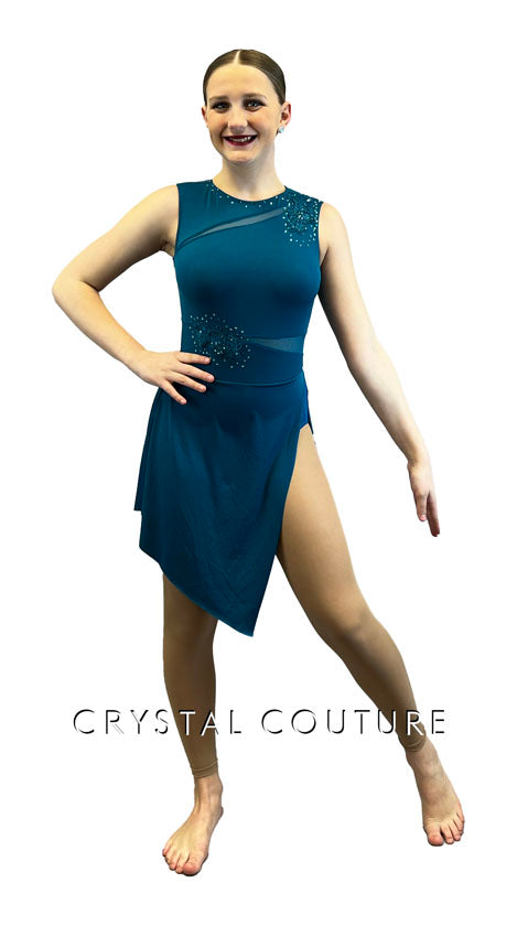 Teal Leotard with Side Slit Skirt and Mesh Insets - Rhinestones