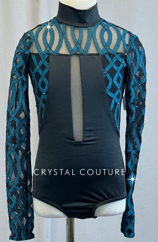 Black Mock Neck Leotard With Metallic Blue Patterning - Rhinestones