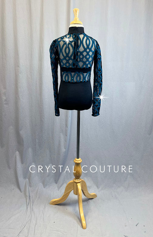 Black Mock Neck Leotard With Metallic Blue Patterning - Rhinestones