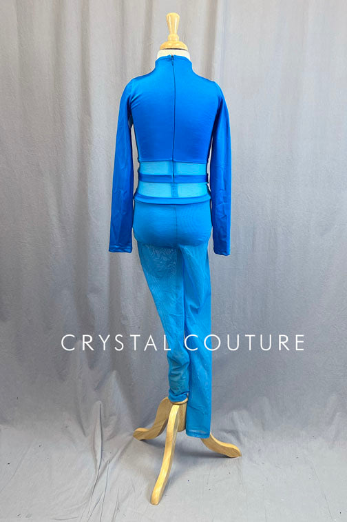 Long Sleeve Blue Leotard with Mesh Legs and Insets