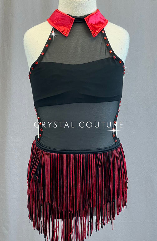 Black Mesh Leotard with Red Collar and Fringe Skirt - Rhinestones