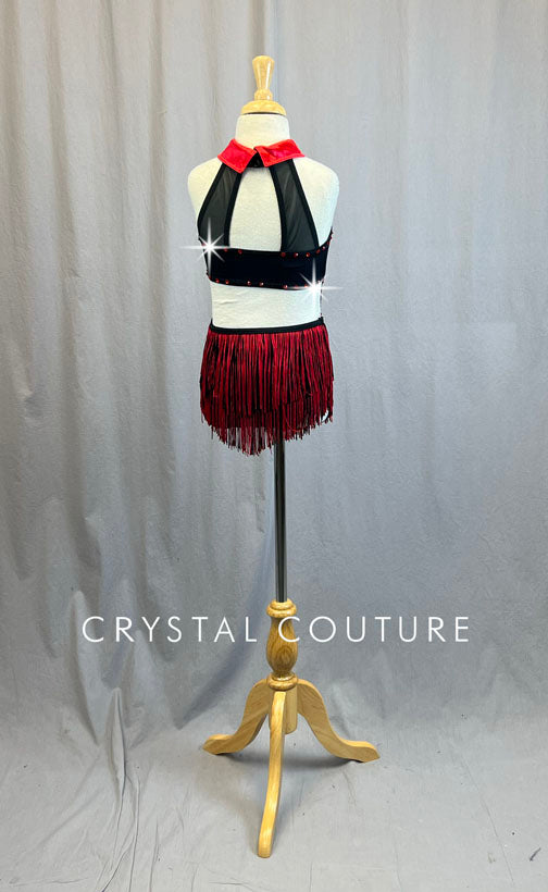 Black Mesh Leotard with Red Collar and Fringe Skirt - Rhinestones