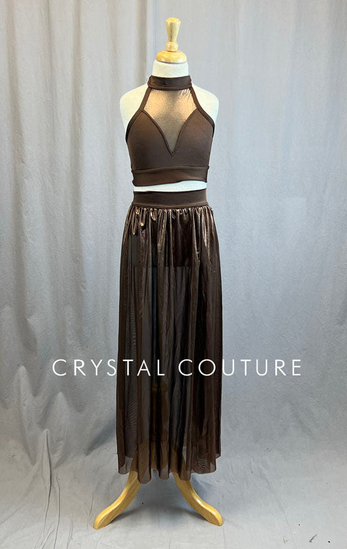 Custom Brown Halter Two Piece with Long Metallic Skirt – Crystal
